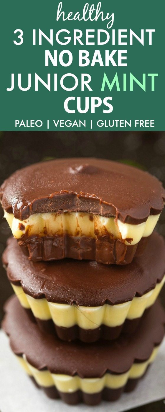 Healthy 3 Ingredient No Bake Junior Mint Cups (V, GF, P, DF)- Copycat candy bar cups just like an after eight or Andes mint candy, but completely guilt-free and ready in 5 minutes! {vegan, gluten free, paleo recipe}- thebigmansworld.com