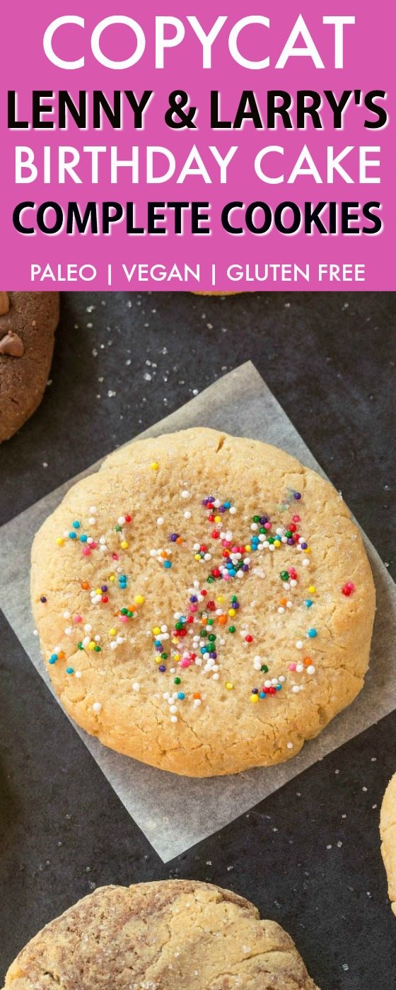 Copycat Lenny & Larry's Birthday Cake Complete Cookie (V, GF, DF, Paleo)- An easy, healthy, single serve protein cookie recipe, dense, chewy and soft in the center! 5 Ingredients and no sugar! {vegan, gluten free, low carb}- thebigmansworld.com