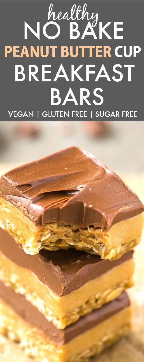 Healthy No Bake Peanut Butter Cup Breakfast Bars (V, GF, DF, SF)- Enjoy dessert for breakfast with this guilt-free and easy no bake bars which taste like a Reese's peanut butter cup! {vegan, gluten free, sugar free recipe}- thebigmansworld.com