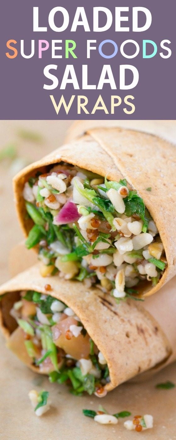 Healthy Loaded Superfoods Salad Wrap (V, GF, DF)- Easy, quick and delicious sandwich wraps recipe packed with super foods and ancient grains! Freezer friendly and weight watchers approved! {vegan, gluten free, low calorie}- thebigmansworld.com