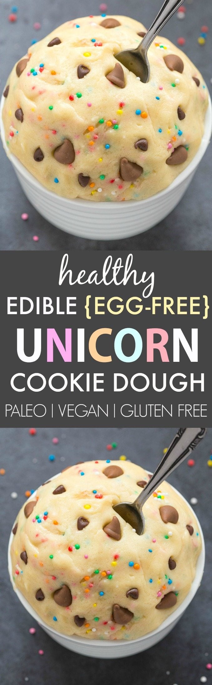Healthy Edible Egg-Free Unicorn Cookie Dough (V, GF, DF, P)- Easy guilt-free and edible flourless cookie dough inspired by the unicorn frappuccino- Ready in 5 minutes and NO beans! {vegan, gluten free, paleo recipe}- thebigmansworld.com