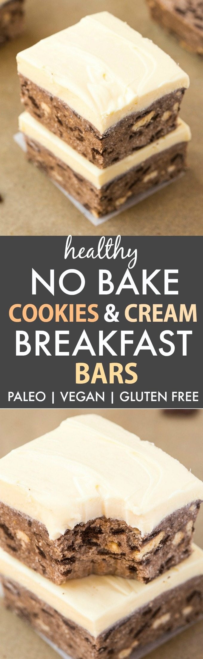 Healthy No Bake Cookies and Cream Breakfast Bars (V, GF, P, SF)- Enjoy dessert for breakfast with this guilt-free, grab-and-go, portable, easy no bake bars which are just like a cookies and cream cheesecake- {vegan, gluten free, paleo recipe}- thebigmansworld.com