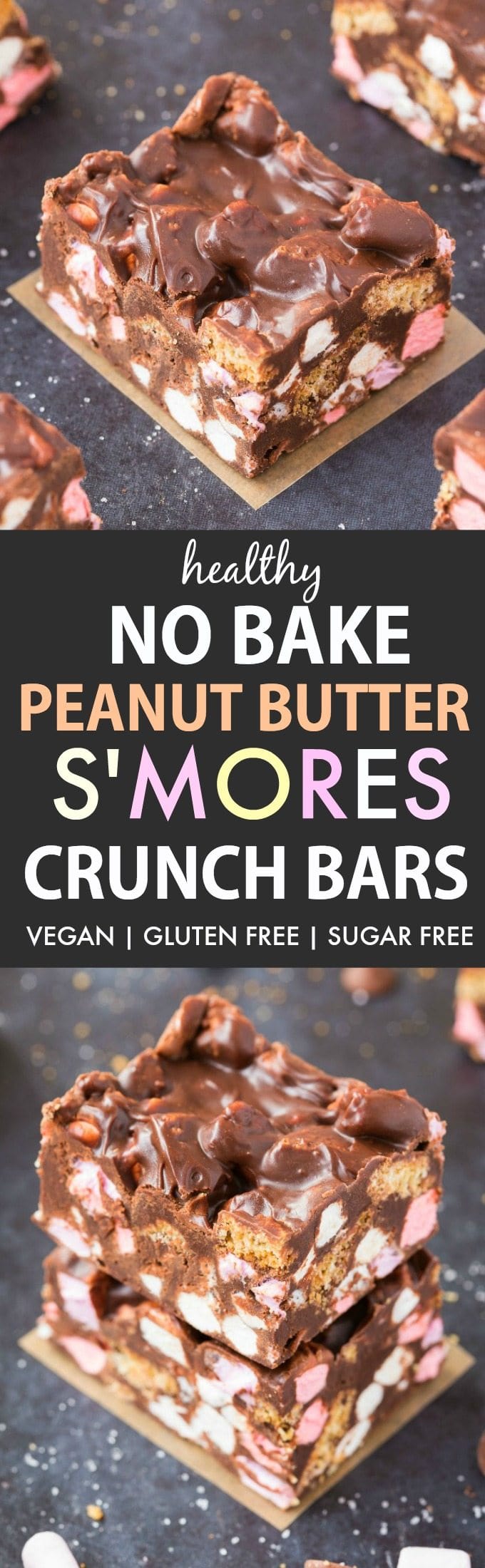 No Bake Peanut Butter S'mores Crunch Bars (V, GF, DF)- Easy, fuss-free and delicious, this healthy candy bar copycat combines marshmallows, cookie pieces and peanut butter in one! {vegan, gluten free, sugar free recipe}- thebigmansworld.com