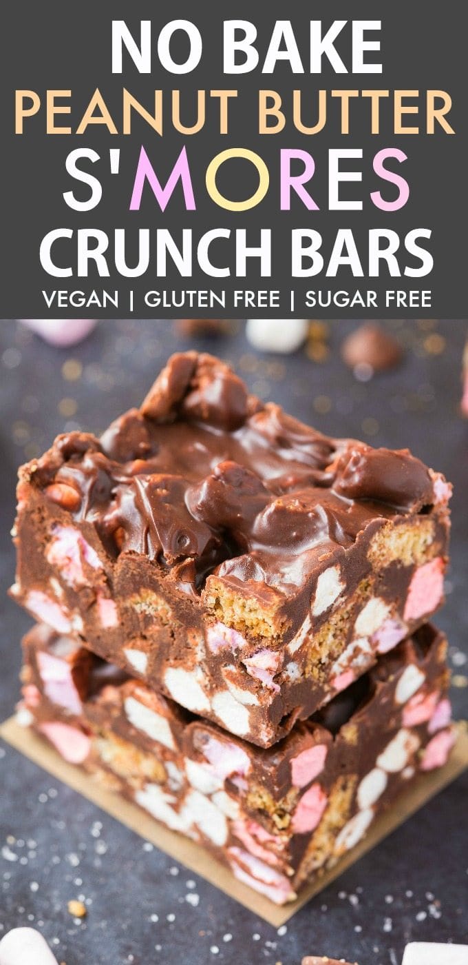 No Bake Peanut Butter S'mores Crunch Bars (V, GF, DF)- Easy, fuss-free and delicious, this healthy candy bar copycat combines marshmallows, cookie pieces and peanut butter in one! {vegan, gluten free, sugar free recipe}- thebigmansworld.com