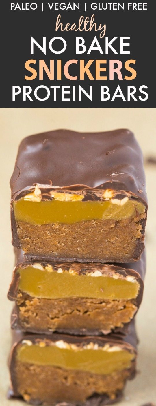 Healthy Homemade Snickers Bars (V, GF, P, DF)- Quick, easy no bake low carb snickers protein bars recipe using just 5 ingredients and ready in minutes- With or without protein powder! {vegan, gluten free, paleo}- thebigmansworld.com 