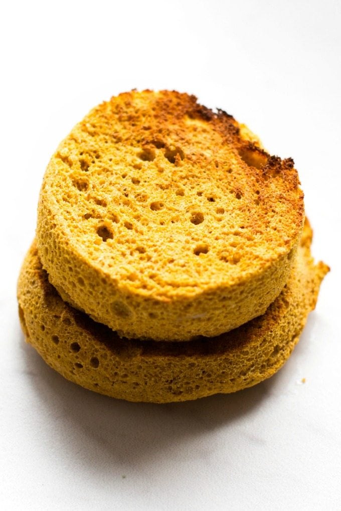 2-Minute Flourless Pumpkin English Muffin (V, GF, P)- Easy, toasted two minute Pumpkin English Muffin recipe ready in two minutes or oven baked! Just four ingredients and freezer friendly! {vegan, gluten free, paleo recipe}- thebigmansworld.com