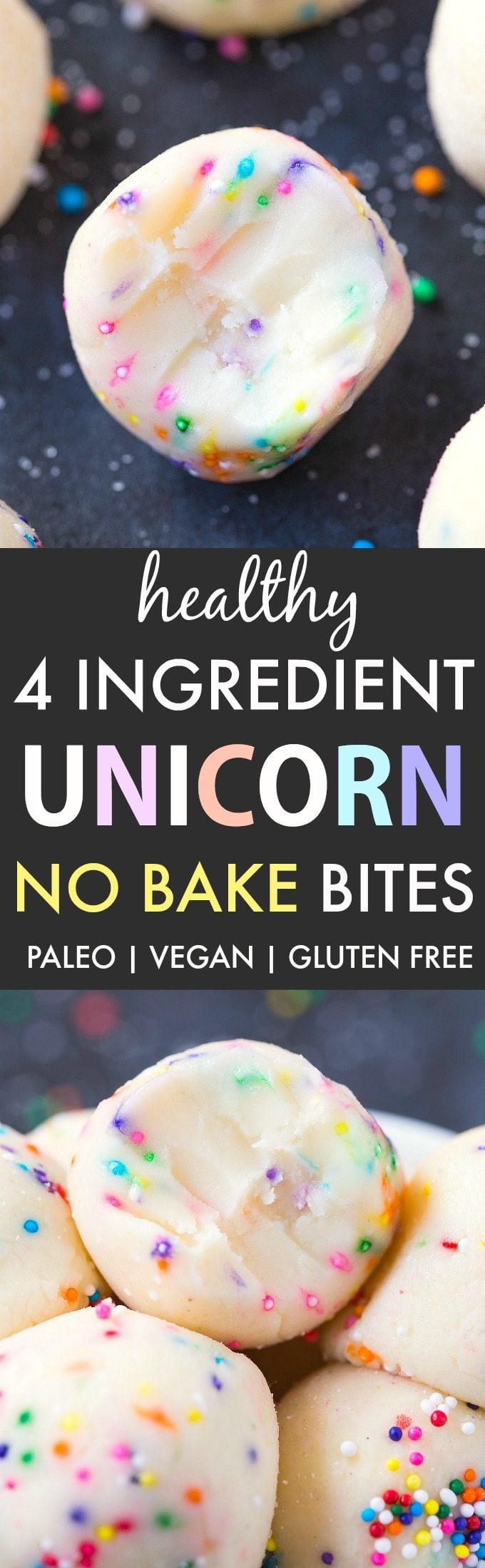 Healthy No Bake Unicorn Bites (V, GF, DF, P)- 4-Ingredient no bake bites inspired by the unicorn frappuccino- Ready in 5 minutes! {vegan, gluten free, paleo recipe}- thebigmansworld.com