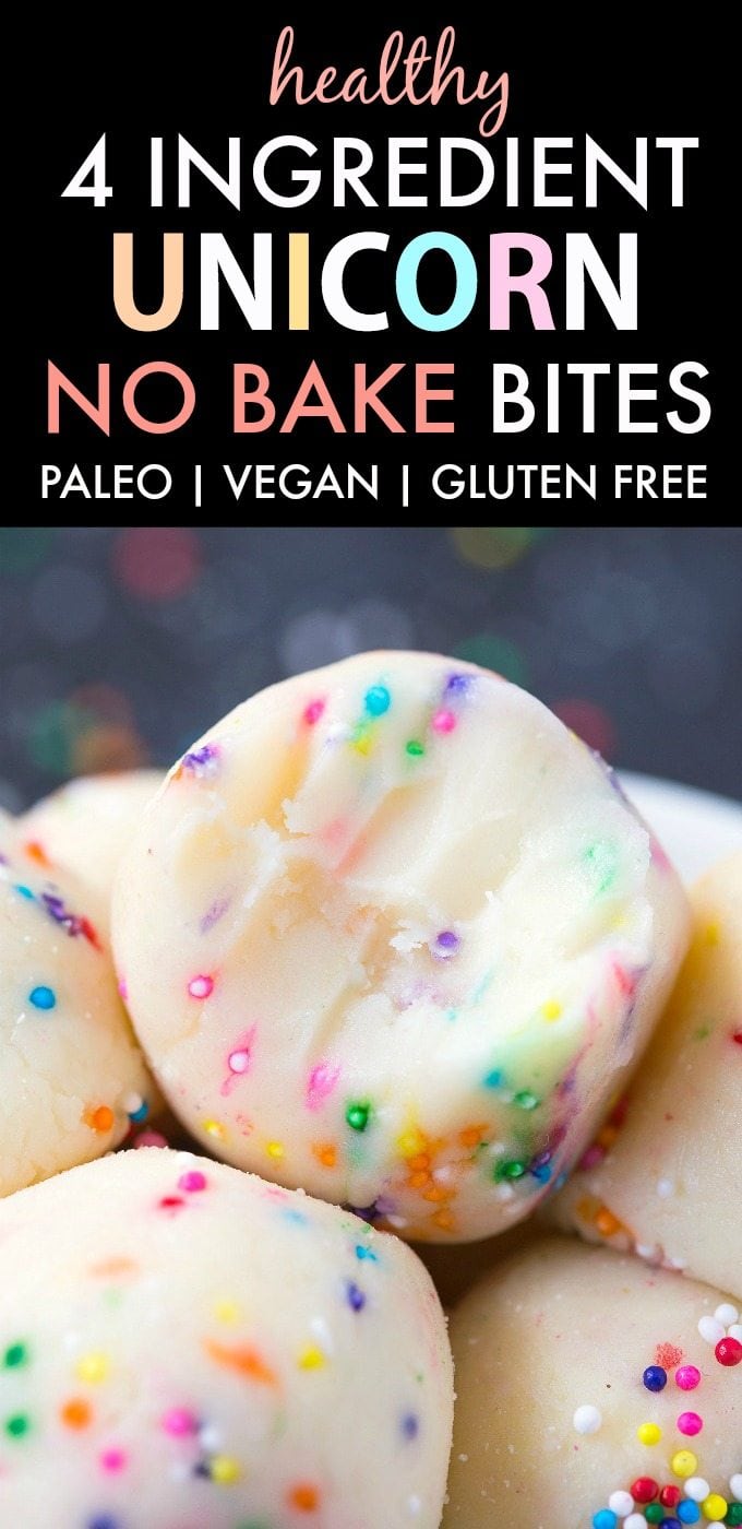Healthy No Bake Unicorn Bites (V, GF, DF, P)- 4-Ingredient no bake bites inspired by the unicorn frappuccino- Ready in 5 minutes! {vegan, gluten free, paleo recipe}- thebigmansworld.com