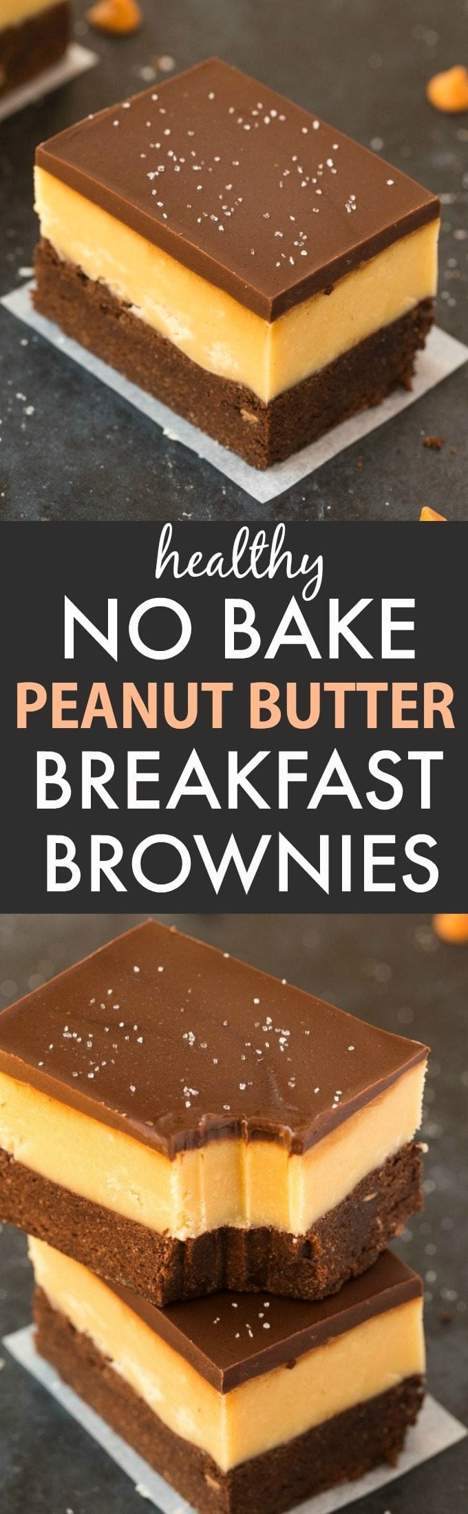 Healthy No Bake Peanut Butter Breakfast Brownies (V, GF, P, SF)- Easy and delicious dessert-for-breakfast recipe for healthy breakfast brownies with a peanut butter fudge layer! Chocolate, peanut butter and breakfast combined! {vegan, gluten free, paleo recipe}- thebigmansworld.com