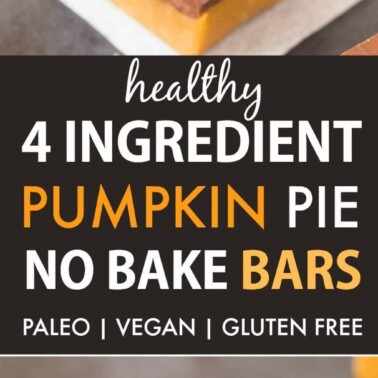 Healthy 4-Ingredient No Bake Pumpkin Pie Bars (V, GF, P)- an easy recipe for thick, gooey pumpkin pie bars that taste like dessert but is healthy and protein-packed! {#vegan, gluten free, #paleo recipe}- thebigmansworld.com #pumpkinpie #nobake