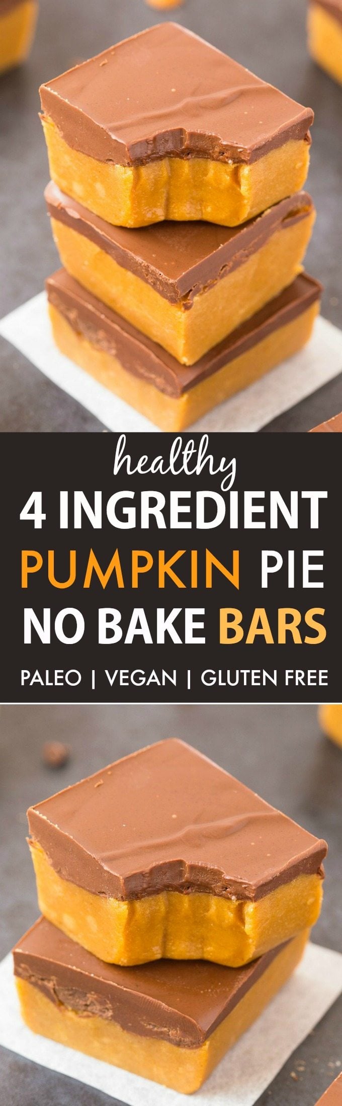 Healthy 4-Ingredient No Bake Pumpkin Pie Bars (V, GF, P)- an easy recipe for thick, gooey pumpkin pie bars that taste like dessert but is healthy and protein-packed! {#vegan, gluten free, #paleo recipe}- thebigmansworld.com #pumpkinpie #nobake