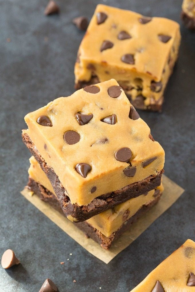 Healthy Protein Cookie Dough Brownies (V, GF, P)- Flourless Fudgy, gooey, Protein Brownies with a thick edible eggless and egg-free cookie dough frosting, completely healthy! {vegan, gluten free, paleo recipe}- thebigmansworld.com #proteinpowder #ediblecookiedough #healthydessert