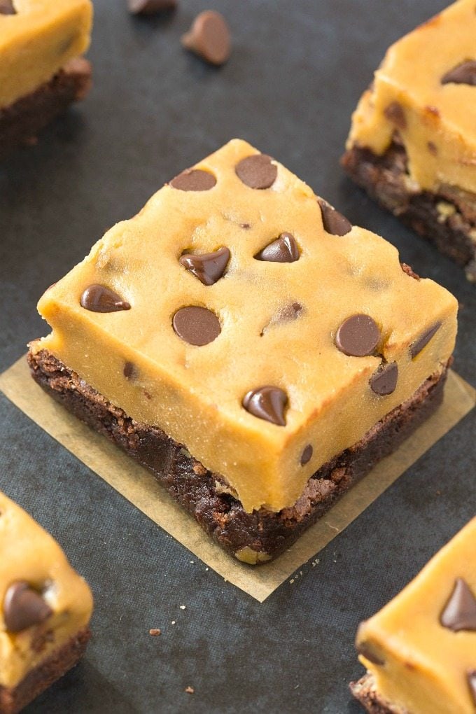 Healthy Protein Cookie Dough Brownies (V, GF, P)- Flourless Fudgy, gooey, Protein Brownies with a thick edible eggless and egg-free cookie dough frosting, completely healthy! {vegan, gluten free, paleo recipe}- thebigmansworld.com #proteinpowder #ediblecookiedough #healthydessert