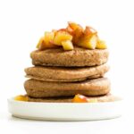 Fluffy Flourless Apple Pie Pancakes (Vegan, Gluten Free, Sugar Free)- An easy, healthy pancake recipe loaded with apple pie flavor and super thick and fluffy. A guilt-free breakfast to keep you satisfied! {v, gf, sf recipe}- thebigmansworld.com #applepie #pancakes