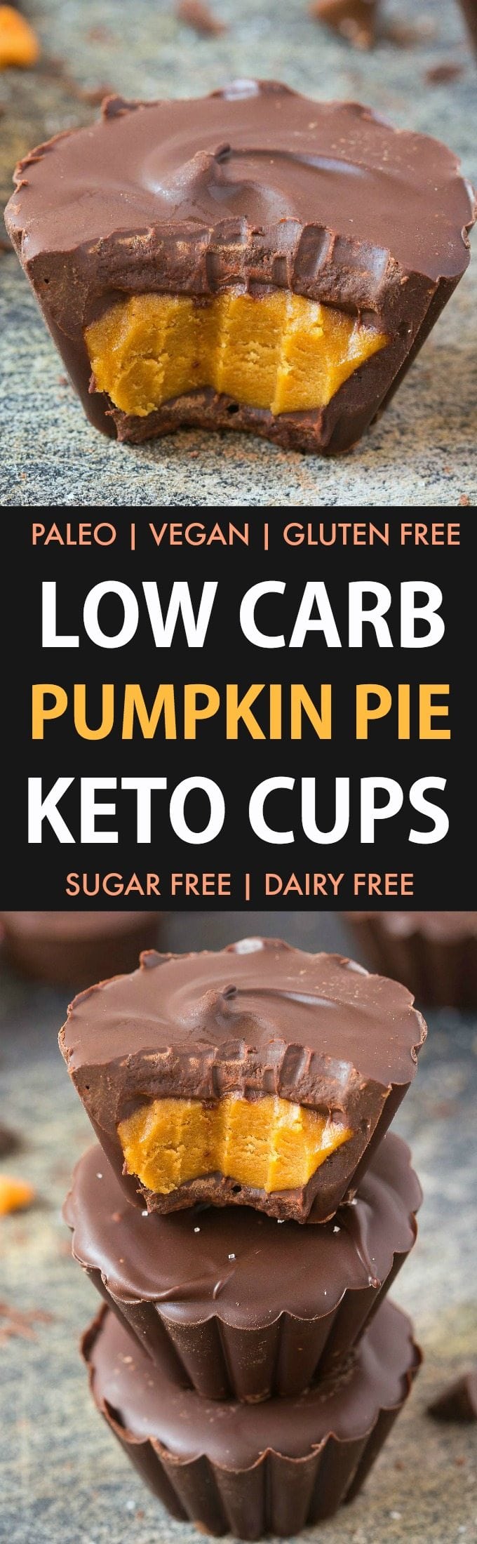  Low Carb Pumpkin Pie Keto Cups (Vegan, Paleo, Gluten Free)- Easy 3-Ingredient homemade pumpkin pie fudge covered in guilt-free chocolate- The ultimate satisfying sweet treat! {v, gf, p recipe}- thebigmansworld.com #keto #ketodessert #fatbomb 