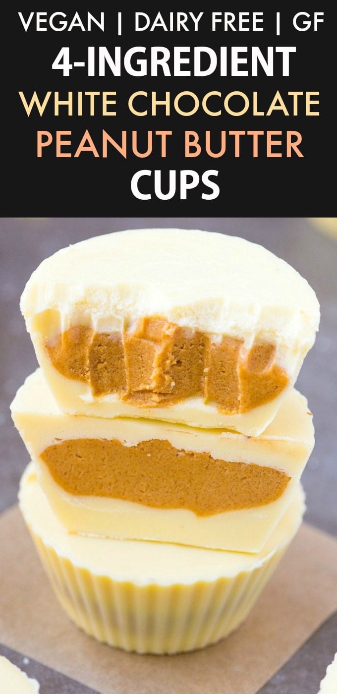 4-Ingredient Dairy Free White Chocolate Peanut Butter Cups (Vegan, Gluten Free)- Easy homemade White Chocolate Peanut Butter Cups filled with a sweet and salty creamy center! No dairy, no eggs and ready in 5 minutes! {v, gf, df recipe}- thebigmansworld.com #dairyfree #vegan #whitechocolate