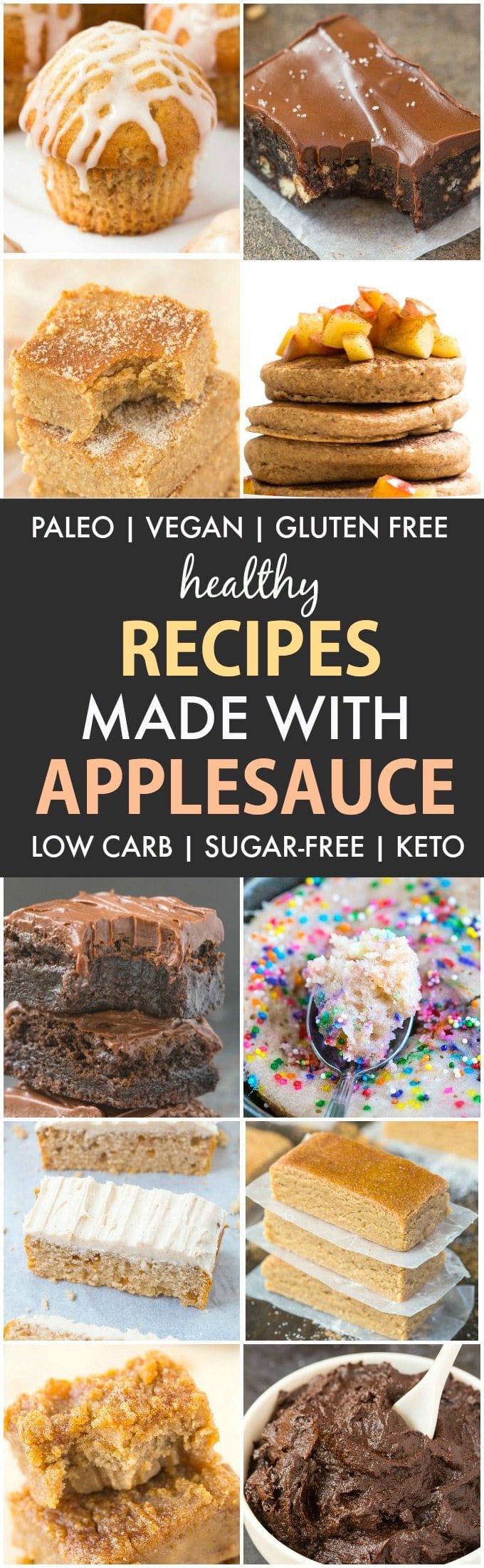 Healthy Recipes made with Applesauce (Paleo, Vegan, Gluten Free)- Easy ways to use leftover applesauce in a variety of recipes- Brownies, cakes, muffins no-bakes and more! Keto + Low Carb options too! #applesauce #healthybaking #healthy #sugarfree | Recipe on thebigmansworld.com