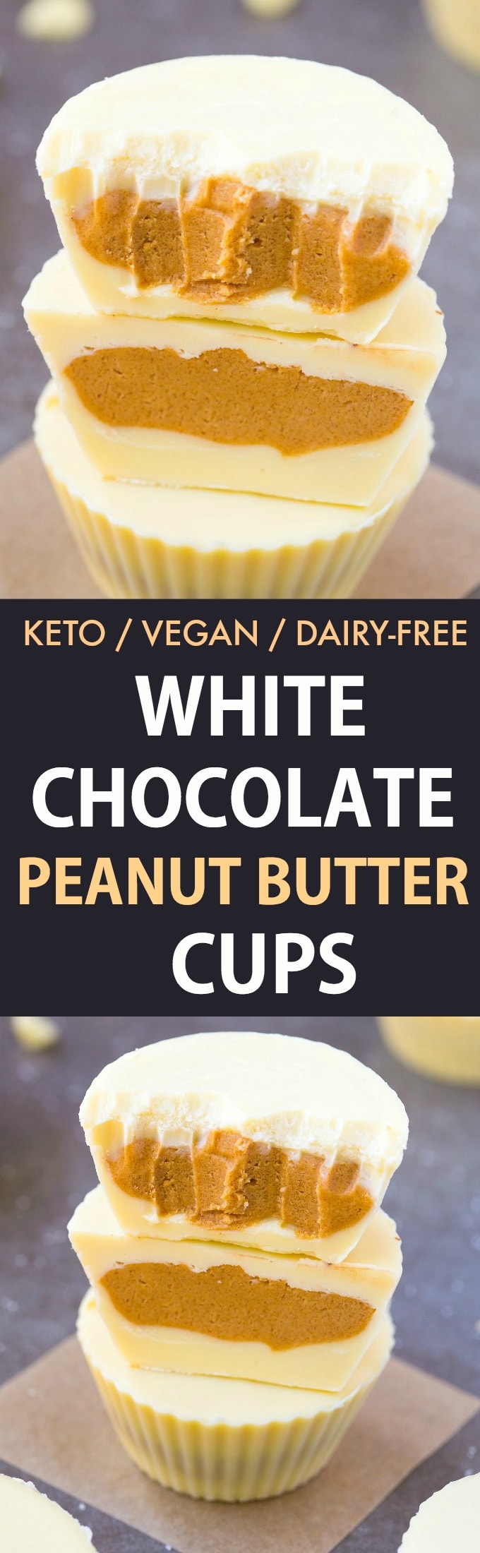 Keto Vegan White Chocolate Peanut Butter Cups- Reese's white chocolate peanut butter cups gets a keto, sugar-free and dairy-free makeover! A creamy, peanut butter filling covered in dairy-free, vegan and keto white chocolate! Nut-Free and Paleo option too! #ketogenic #ketodessert #vegandessert #vegancandy #peanutbutter #homemadecandy