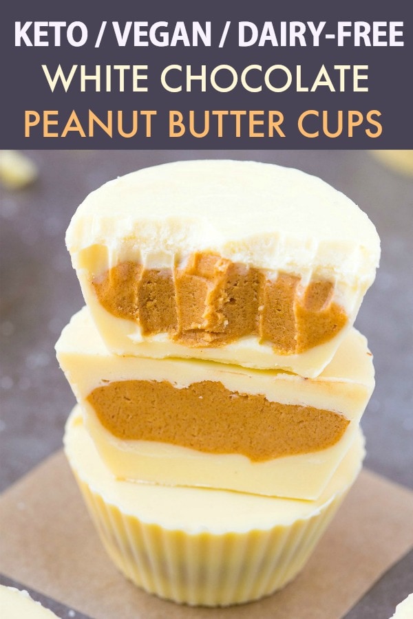 Keto Vegan White Chocolate Peanut Butter Cups- Reese's white chocolate peanut butter cups gets a keto, sugar-free and dairy-free makeover! A creamy, peanut butter filling covered in dairy-free, vegan and keto white chocolate! Nut-Free and Paleo option too! #ketogenic #ketodessert #vegandessert #vegancandy #peanutbutter #homemadecandy