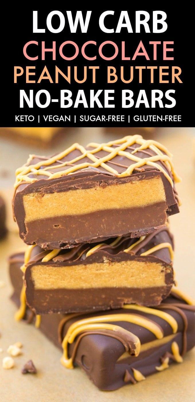 Low Carb No Bake Chocolate Peanut Butter Bars (Keto, Vegan, Sugar Free, Gluten Free)- Easy and healthy bars which taste just like a Reese's Peanut Butter Cup but made completely sugar-free! The perfect snack or dessert. #keto #ketodessert #peanutbutter #healthy #nobake | Recipe on thebigmansworld.com