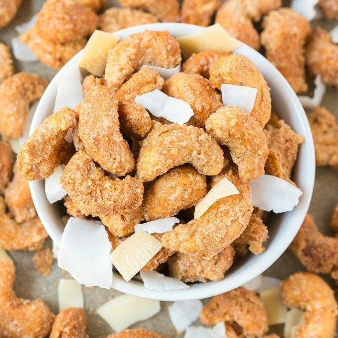 Easy Sugar Free Candied Toasted Coconut Cashews (Keto, Paleo, Vegan)