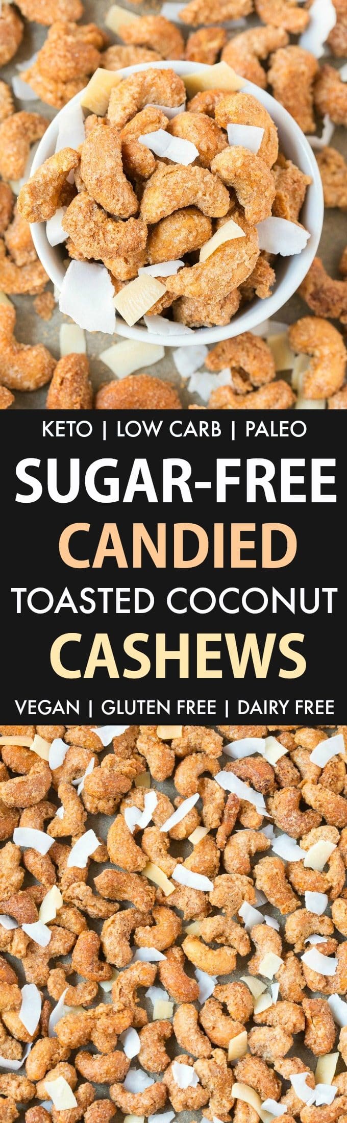Easy Sugar Free Toasted Coconut Candied Cashews (Keto, Low Carb, Paleo, Oil-Free)- Stovetop made candied cashews and toasted coconut, made with no sugar or oil- Perfect for holidays, gifts and every day guilt-free snacking! {vegan, gluten free, dairy free recipe}- #cashews #sugarfree #lowcarb #cashewcoconut #lowcarbrecipes #ketodessert | Recipe on thebigmansworld.com