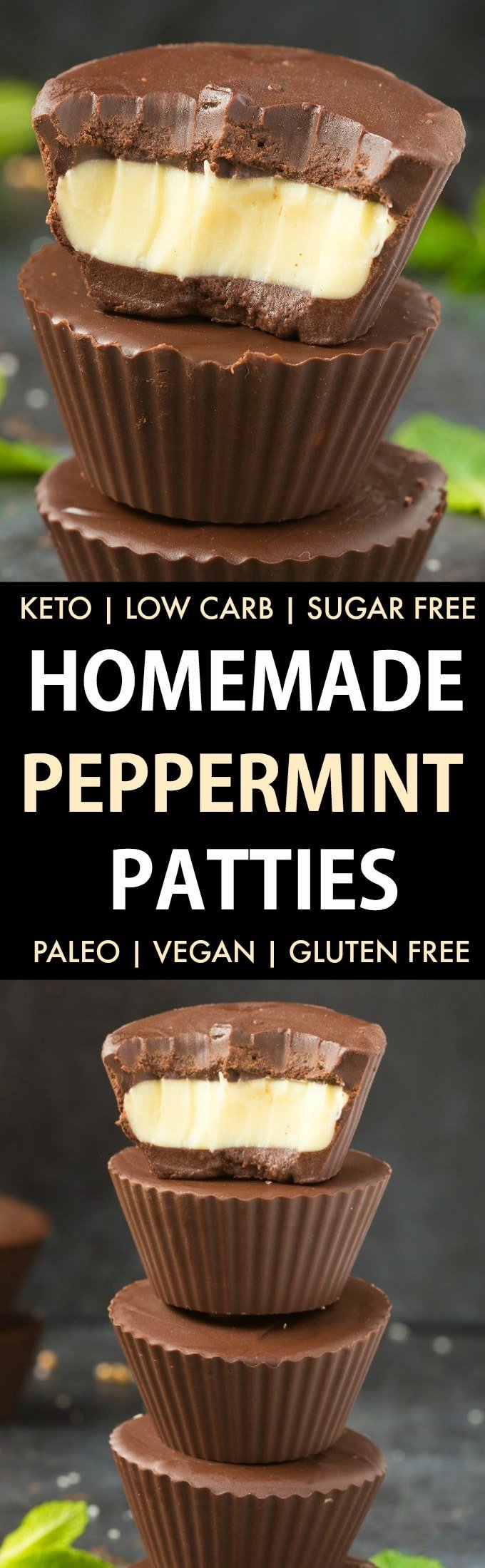 Healthy Homemade Peppermint Patty Recipe made with just 3-ingredients and NO sugar! These easy keto and vegan peppermint patties are the perfect mint chocolate no bake dessert to enjoy anytime! #fatbomb #ketodessert #vegandessert #ketodiet #ketogenic #sugarfree