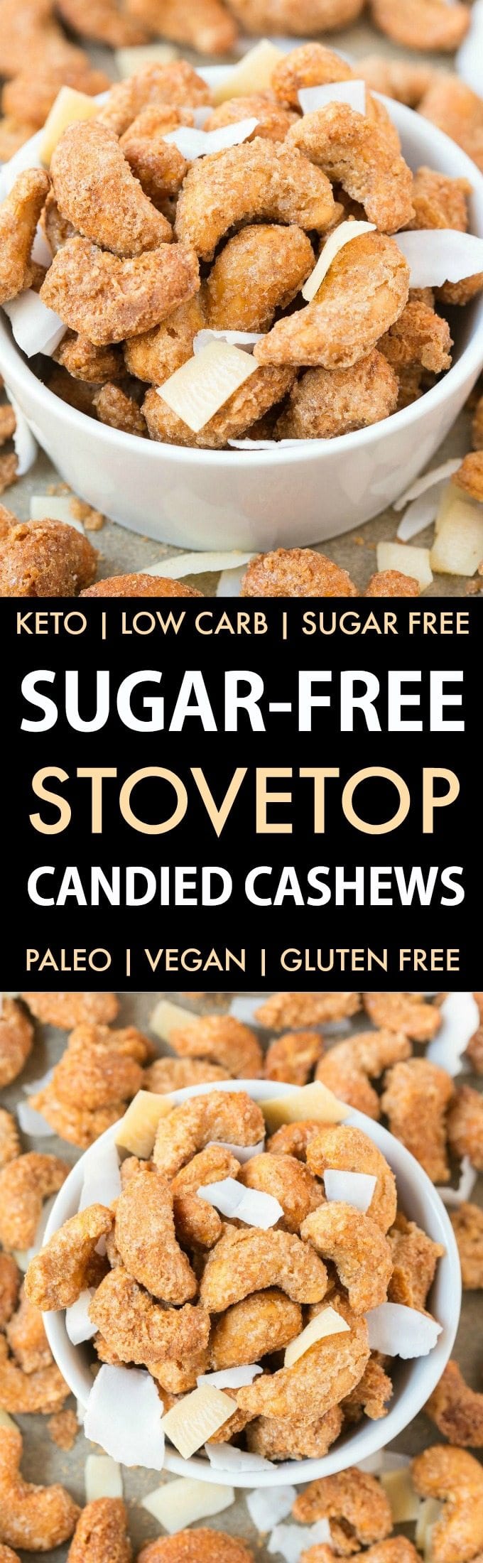 Easy Sugar-Free Candied Cashews (Keto, Low Carb, Paleo)- Stovetop made candied cashews made with zero sugar or oil- Perfect for holidays, gifts and every day guilt-free snacking! {vegan, gluten free, dairy free recipe}- #cashews #sugarfree #lowcarb #ketodessert | Recipe on thebigmansworld.com