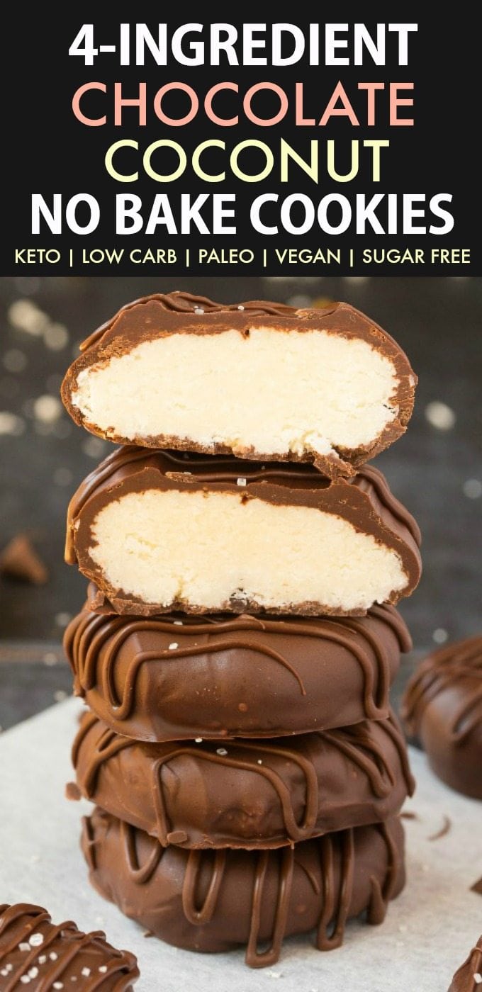 4-Ingredient No Bake Chocolate Coconut Cookies (Paleo, Vegan, Keto, Sugar Free, Gluten Free)-An easy recipe for chocolate coconut no bake cookies using just 4 ingredients! Easy, delicious low carb cookies which take less than 5 minutes to whip up- The perfect snack or holiday gift. #keto #ketodessert #nobake #cookies | Recipe on thebigmansworld.com