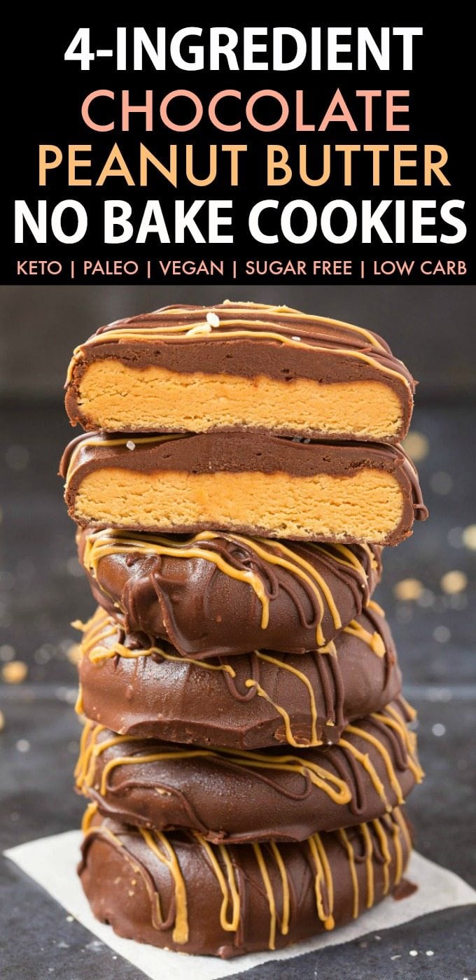 4-Ingredient No Bake Chocolate Peanut Butter Cookies (Paleo, Vegan, Keto, Sugar Free, Gluten Free)-An easy recipe for chocolate peanut butter no bake cookies using just 4 ingredients! Easy, delicious low carb cookies which take less than 5 minutes to whip up- The perfect snack or holiday gift. #keto #ketodessert #nobake #cookies #peanutbutter | Recipe on thebigmansworld.com