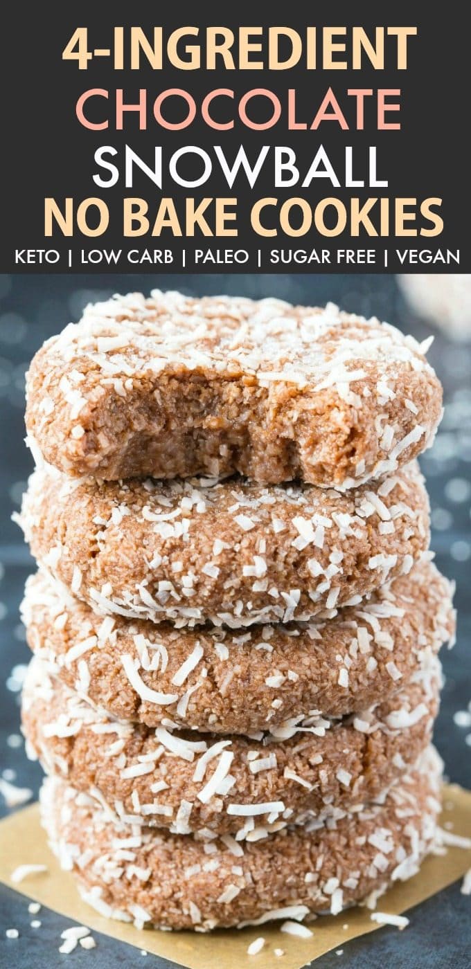 4 Ingredient No Bake Chocolate Snowball Cookies (Keto, Paleo, Vegan, Sugar Free)- An easy, 5-minute recipe for soft chocolate coconut snowballs, but made in a cookie shape! No condensed milk, sugar, or dairy needed and super low carb. #lowcarbrecipe #nobakecookies #ketodessert #lowcarb #sugarfree | Recipe on thebigmansworld.com