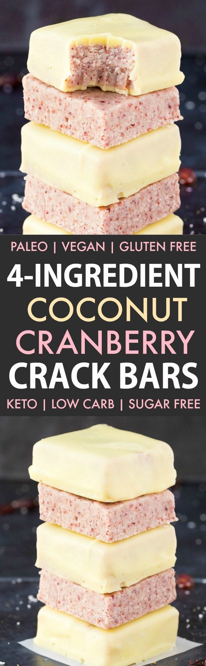 4-Ingredient No Bake Coconut Cranberry Crack Bars (Paleo, Vegan, Keto, Sugar Free, Gluten Free)- Easy, healthy and seriously addictive coconut cranberry bars using just 4 ingredients and needing 5 minutes! A satisfying snack, dessert or holiday gift. #keto #ketodessert #coconut #cranberry #nobake | Recipe on thebigmansworld.com
