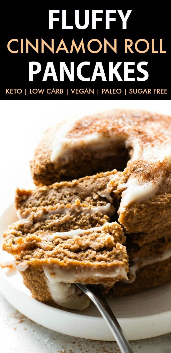 Fluffy Low Carb Keto Cinnamon Roll Pancakes (Paleo, Vegan, Sugar Free, Gluten Free)- A quick and easy recipe for Thick, fluffy flourless pancakes which taste like a cinnamon roll- Minimal ingredients, freezer-friendly and a healthy breakfast option! #ketopancakes #lowcarbpancakes #veganpancakes #paleopancakes | Recipe on thebigmansworld.com