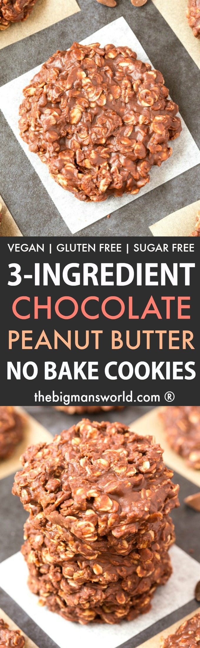 3 Ingredient No Bake Chocolate Peanut Butter Oatmeal Cookies (Vegan ...