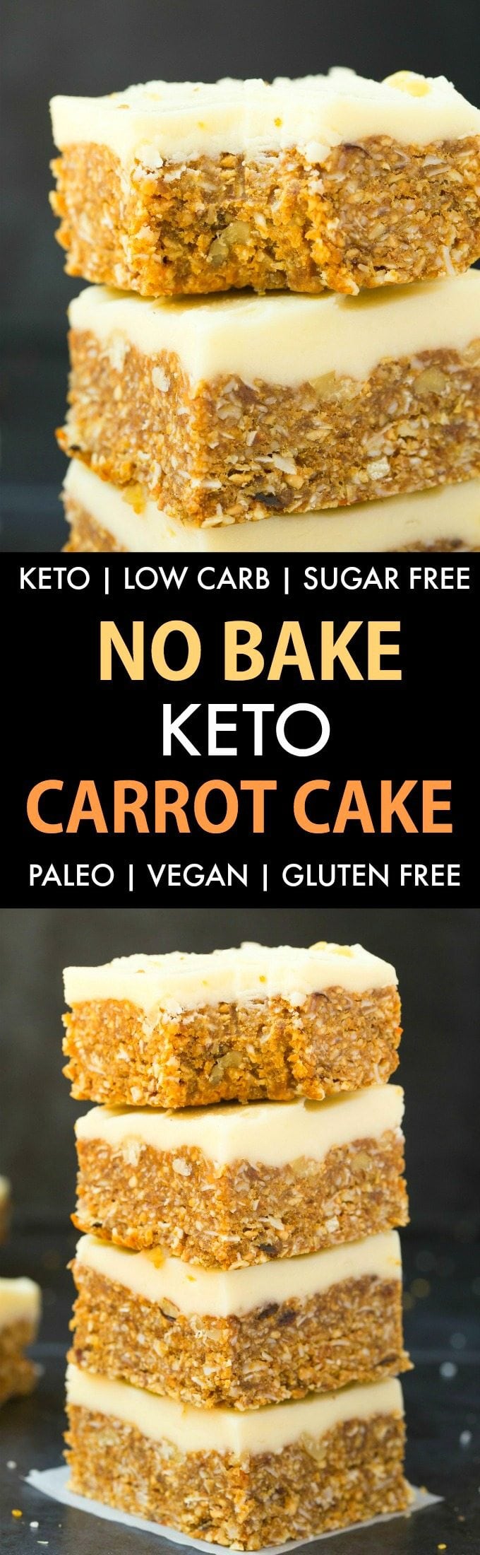 Healthy No Bake Carrot Cake (Keto, Paleo, Low Carb, Vegan)- An easy recipe for a raw no bake carrot cake, topped with a healthy frosting! Naturally sweetened, protein-rich and completely sugar free! #keto #ketosisrecipes #carrotcake #nobake | Recipe on thebigmansworld.com