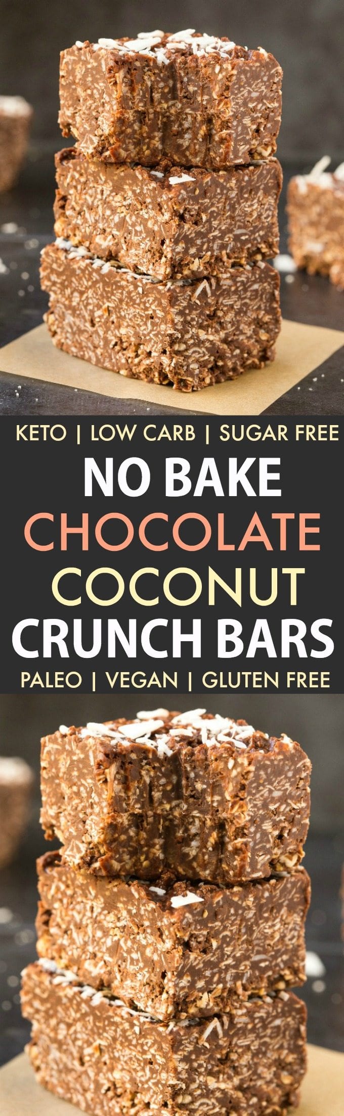 Homemade No Bake Keto Chocolate Coconut Crunch Bars in a collage