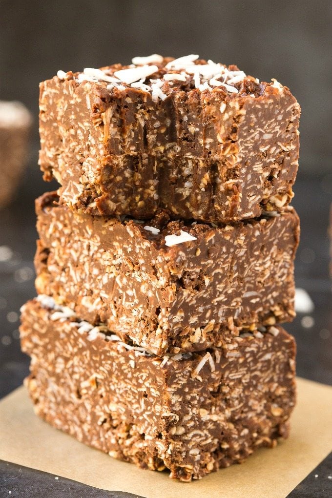 Homemade No Bake Keto Chocolate Coconut Crunch Bars topped with coconut flakes
