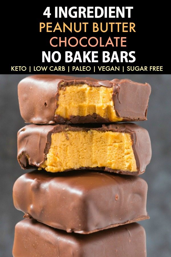 Healthy No Bake Peanut Butter Chocolate Bars (Keto, Low Carb, Paleo, Vegan, Sugar Free)- An easy 4-ingredient recipe for no bake peanut butter bars with chocolate! The perfect ketogenic dessert or protein packed snack- Peanut-free option included! #peanutbutter #lowcarb #ketodessert #ketogenicrecipes #ketorecipe | Recipe on thebigmansworld.com