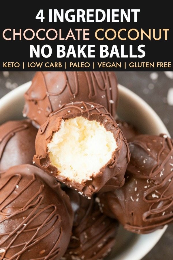 4-Ingredient Paleo Vegan Chocolate Coconut No Bake Balls (Keto, Low Carb, Sugar-Free)- an easy recipe for healthy chocolate coconut energy bites (bliss balls!)- A quick and easy protein-packed snack! #ketorecipe #energybites #energyballs #blissballs #paleorecipe #vegan #ketosisrecipe | Recipe on thebigmansworld.com