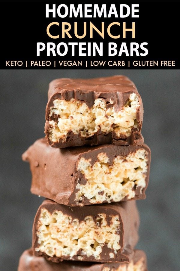 Homemade Low Carb CRUNCH Protein Bars (Keto, Paleo, Vegan, Gluten Free)- An easy No Bake 5-minute recipe for homemade protein bars using wholesome ingredients and without protein powder! #proteinbars #ketogenicrecipes #snack #vegan #paleo #keto #sugarfree | Recipe on thebigmansworld.com