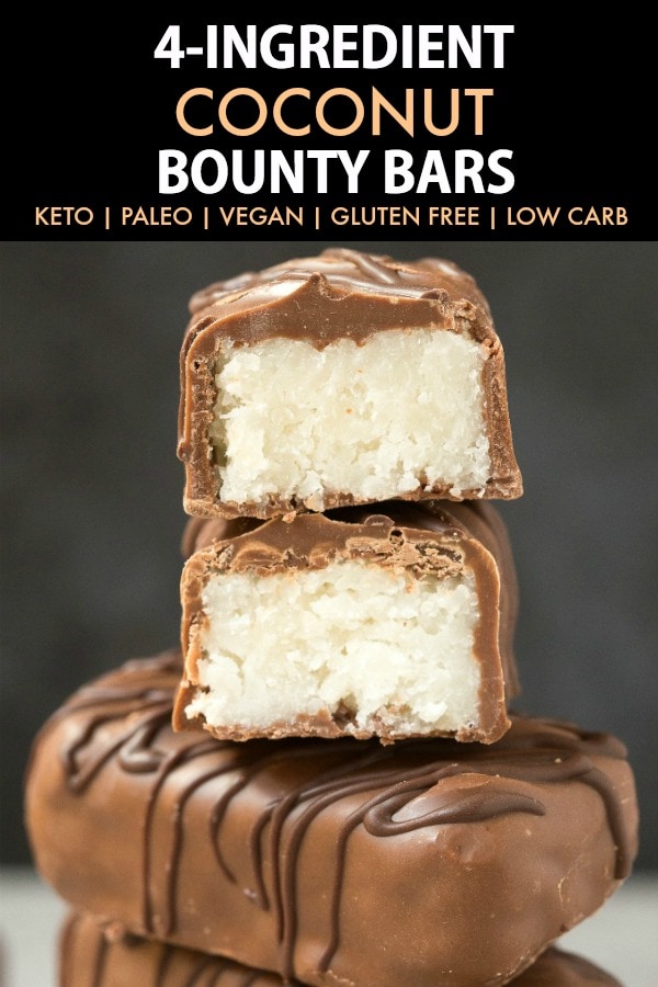 Homemade No Bake Coconut Bounty Bars (Paleo, Vegan, Keto, Sugar Free)- An easy recipe for low carb homemade bounty bars- 4 ingredients, 5 minutes and the perfect balance of coconut and chocolate! #healthyrecipe #ketodessert #ketorecipes #coconutchocolate #bounty | Recipe on thebigmansworld.com