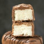 Homemade No Bake Coconut Bounty Bars (Paleo, Vegan, Keto, Sugar Free)- An easy recipe for low carb homemade bounty bars- 4 ingredients, 5 minutes and the perfect balance of coconut and chocolate! #healthyrecipe #ketodessert #ketorecipes #coconutchocolate #bounty | Recipe on thebigmansworld.com