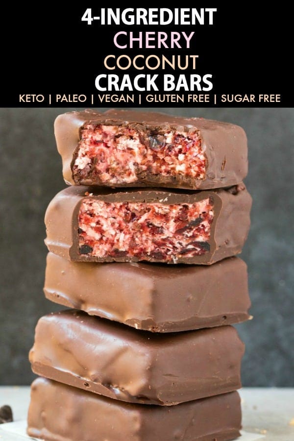 No Bake Chocolate Cherry Coconut Crack Bars (Keto, Paleo, Vegan, Sugar Free)- An easy 4-ingredient recipe for cherry coconut bars and ready in minutes- A cherry coconut filling covered in healthy chocolate- The perfect low carb no bake dessert! #nobake #ketorecipe #ketodessert #lowcarb #sugarfree | Recipe on thebigmansworld.com