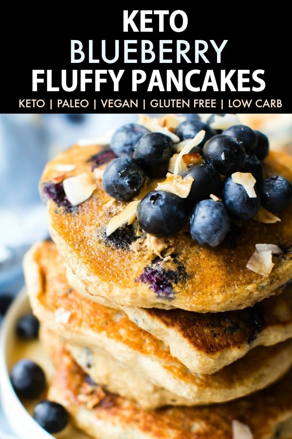 Fluffy Low Carb Keto Blueberry Pancakes topped with blueberries and coconut flakes