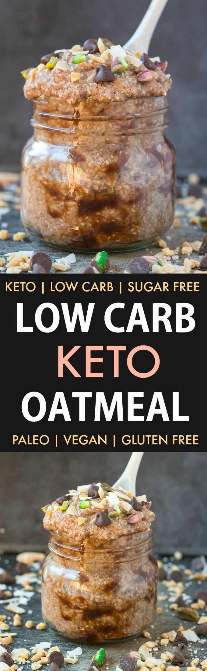 Low Carb Keto Oatmeal (Paleo, Vegan, Gluten Free)- An easy recipe for instant or overnight keto oatmeal made with flaxmeal, chia seeds and coconut- The perfect sugar-free ketogenic breakfast! #oatlessoats #overnightoats #lowcarb #ketogenicbreakfast #ketobreakfast #ketosis | Recipe on thebigmansworld.com