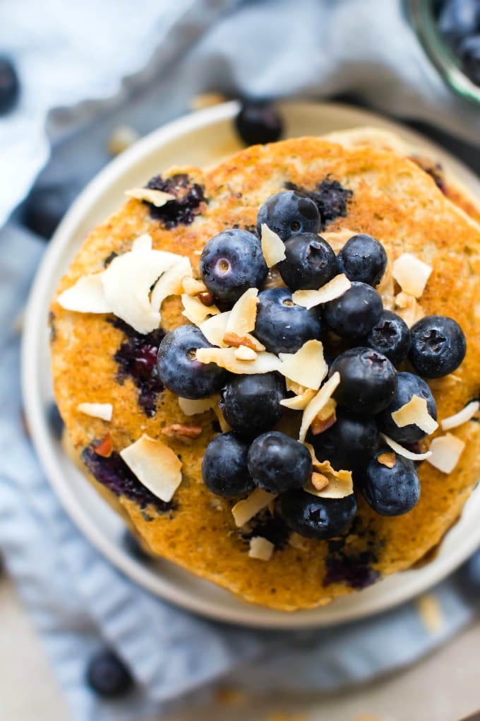 Fluffy Low Carb Keto Blueberry Pancakes overhead.