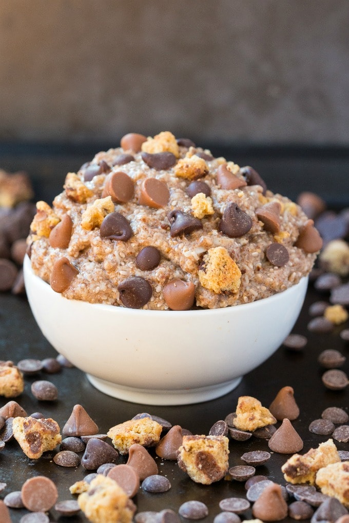Low Carb Keto Chocolate Chip Cookie Dough Oatmeal topped with chocolate chips