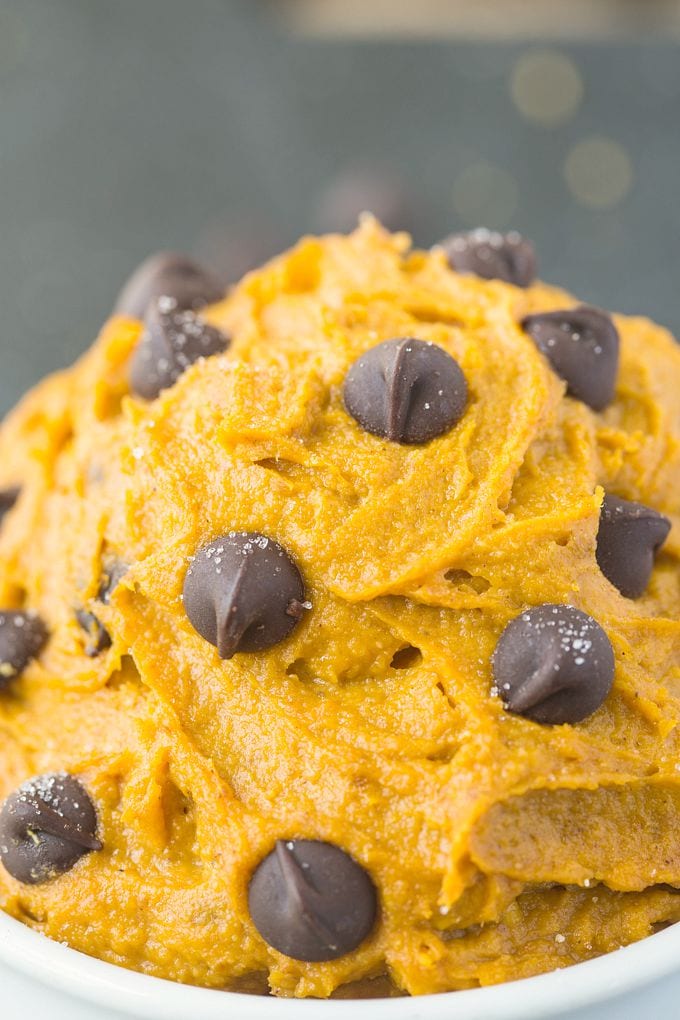 Healthy Paleo Vegan Pumpkin Cookie Dough topped with chocolate chips