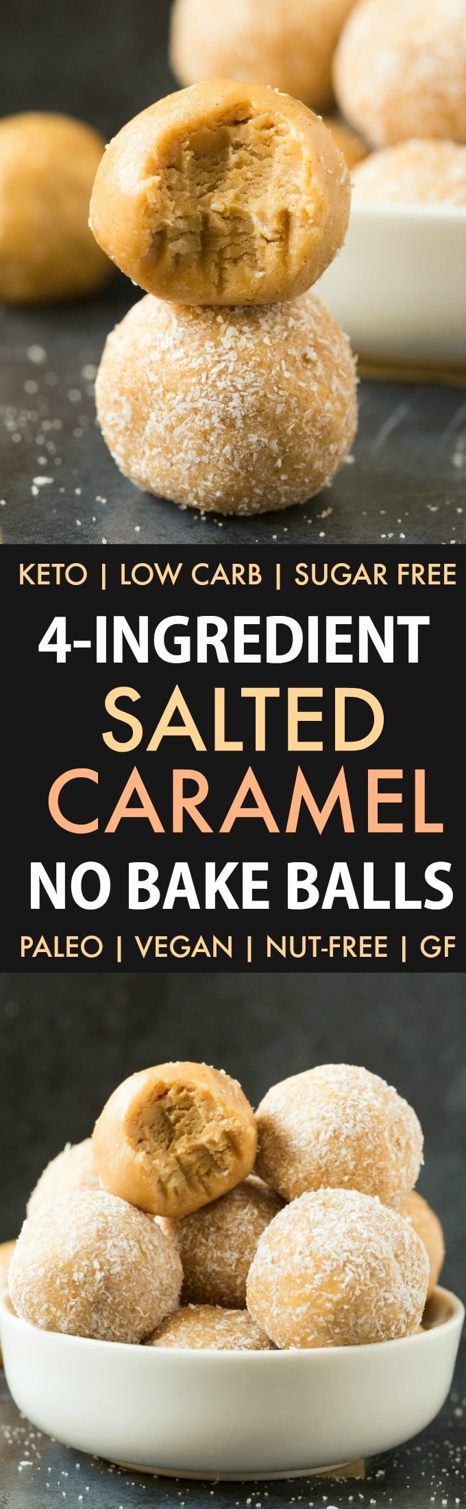 Healthy No Bake Salted Caramel Protein Bliss Balls in a collage. 