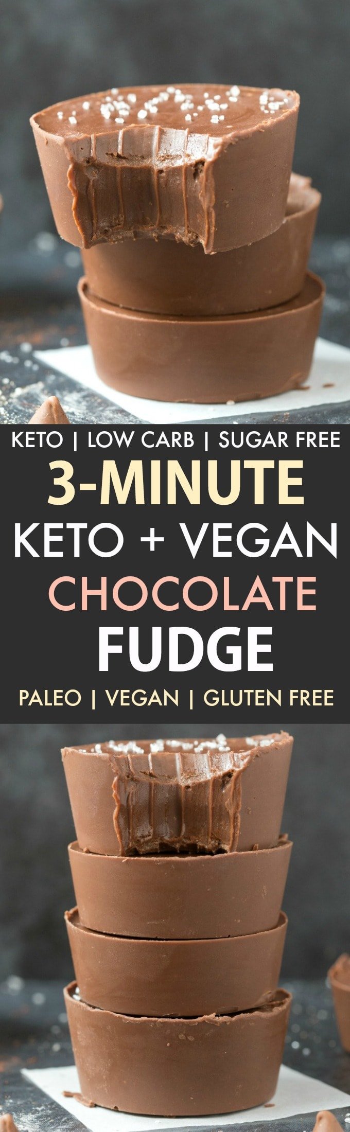 3-Minute Paleo Vegan Chocolate Fudge (Keto, Low Carb, Sugar Free)- An easy 3-ingredient recipe for smooth, creamy and fool-proof chocolate keto fat bomb fudge made with no dairy, no sugar, no condensed milk. #ketorecipe #fatbombs #dairyfree #paleo #vegan #keto | Recipe on thebigmansworld.com